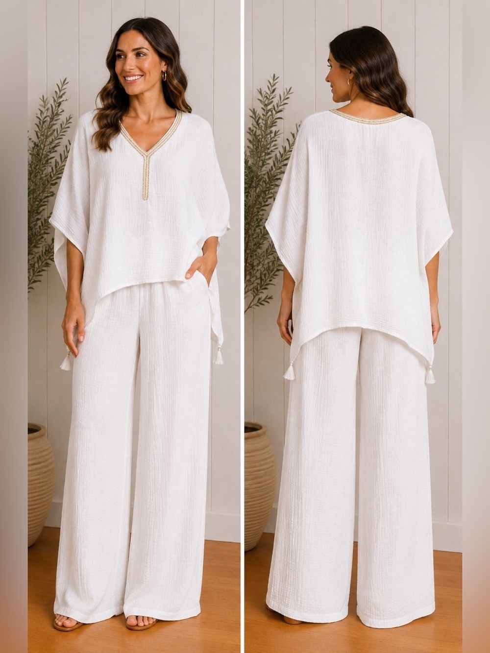 Cotton Gauze Tunic Top Resort Mediterranean White Gold Beaded Tassels Medium